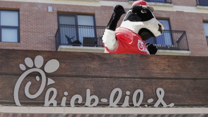 HOUSTON, TX - APRIL 03: Chic-fil-a Cows entertain fans during the Houston Astros Fan Fest before playing the Seattle Mariners on opening day at Minute Maid Park on April 3, 2017 in Houston, Texas. (Photo by Bob Levey/Getty Images)