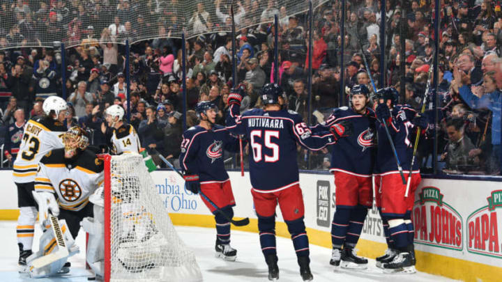COLUMBUS, OH - OCTOBER 30: The Columbus Blue Jackets celebrate a first period goal during a game against the Boston Bruins on October 30, 2017 at Nationwide Arena in Columbus, Ohio. (Photo by Jamie Sabau/NHLI via Getty Images)