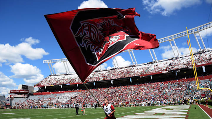 COLUMBIA, SC - SEPTEMBER 01: A cheerleader of the South Carolina Gamecocks waves a flag during their game against the Coastal Carolina Chanticleers at Williams-Brice Stadium on September 1, 2018 in Columbia, South Carolina. SC won 49-15. (Photo by Lance King/Getty Images)