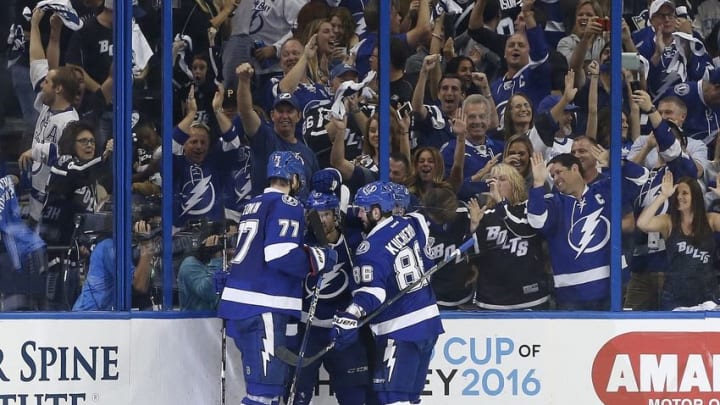 May 20, 2016; Tampa, FL, USA; Tampa Bay Lightning left wing Jonathan Drouin (27) is congratulated by teammates after he scored a goal against the Pittsburgh Penguins during the second period of game four of the Eastern Conference Final of the 2016 Stanley Cup Playoffs at Amalie Arena. Mandatory Credit: Kim Klement-USA TODAY Sports