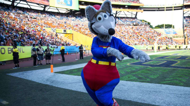 HONOLULU, HI - SUNDAY, JANUARY 31: K.C. Wolf, mascot the the Kansas City Chiefs dances the hula on the sidelines during the first half of the 2016 NFL Pro Bowl at Aloha Stadium on January 31, 2016 in Honolulu, Hawaii.Team Irvin defeated Team Rice 49-27. (Photo by Kent Nishimura/Getty Images)