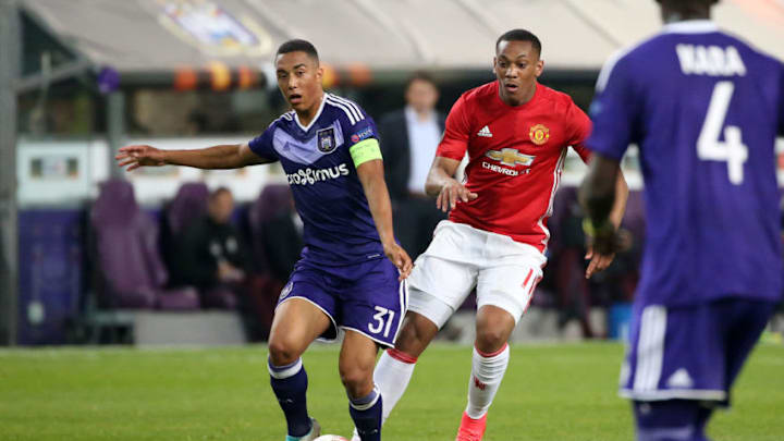 BRUSSELS, BELGIUM - APRIL 13: Youri Tielemans of Anderlecht and Anthony Martial of Manchester United during the UEFA Europa League quarter final first leg match between RSC Anderlecht and Manchester United at Constant Vanden Stock Stadium on April 13, 2017 in Brussels, Belgium. (Photo by Jean Catuffe/Getty Images)