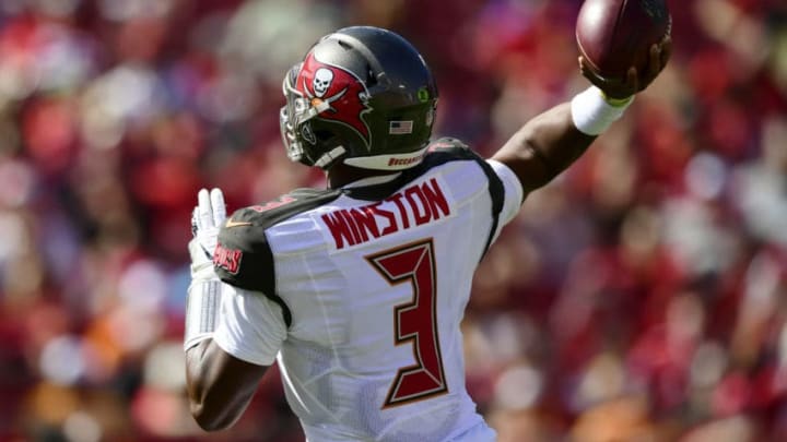 TAMPA, FLORIDA - NOVEMBER 25: Jameis Winston #3 of the Tampa Bay Buccaneers throws a pass during the first quarter against the San Francisco 49ers at Raymond James Stadium on November 25, 2018 in Tampa, Florida. (Photo by Julio Aguilar/Getty Images)