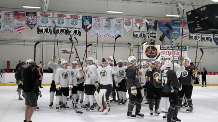 LAS VEGAS, NV - JULY 01: The Vegas Golden Knights raise their sticks in appreciation to the fans after a joint scrimmage at the Vegas Golden Knights Development Camp on July 1, 2017 at the Las Vegas Ice Center in Las Vegas, Nevada. (Photo by Jeff Speer/Icon Sportswire via Getty Images)