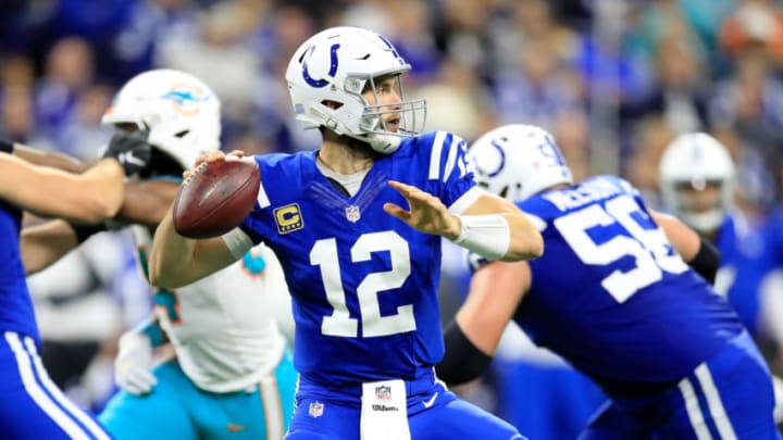INDIANAPOLIS, IN - NOVEMBER 25: Andrew Luck #12 of the Indianapolis Colts throws a pass against the Miami Dolphins at Lucas Oil Stadium on November 25, 2018 in Indianapolis, Indiana. (Photo by Andy Lyons/Getty Images)