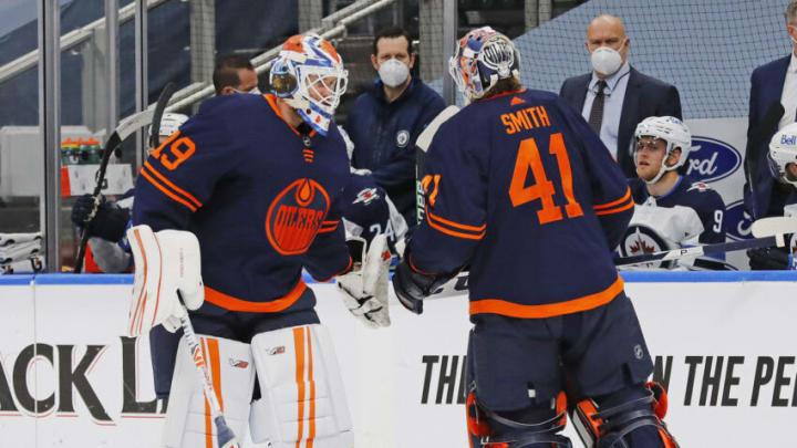 Edmonton Oilers Goalies Mikko Koskinen, #19, and Mike Smith, #41. Mandatory Credit: Perry Nelson-USA TODAY Sports