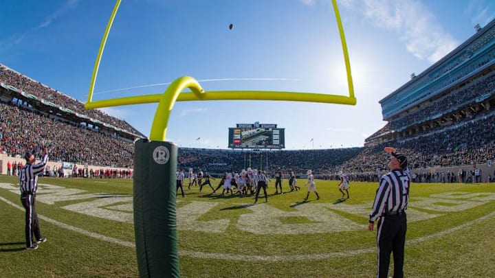 DETROIT, MI - NOVEMBER 12: An extra point attempt goes through the goal posts during a college football game between the Michigan State Spartans and the Rutgers Scarlet Knights at Spartan Stadium on November 12, 2016 in East Lansing, Michigan. The Spartans defeated the Knights 49-0. (Photo by Dave Reginek/Getty Images)