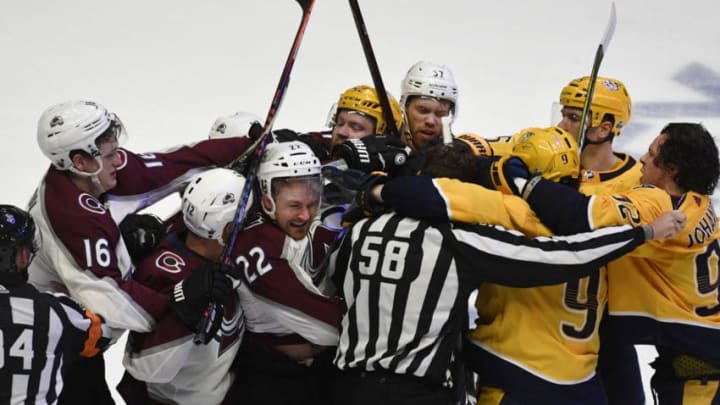 NASHVILLE, TN - APRIL 12: The Colorado Avalanche and the Nashville Predators clash seconds after the Predators won 5-2 the first game of round one of the Stanley Cup Playoffs at Bridgestone Arena April 12, 2018. (Photo by Andy Cross/The Denver Post via Getty Images)
