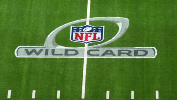 Jan 17, 2022; Inglewood, California, USA; A NFL Wild Card playoff logo on the field at SoFi Stadium. Mandatory Credit: Kirby Lee-USA TODAY Sports