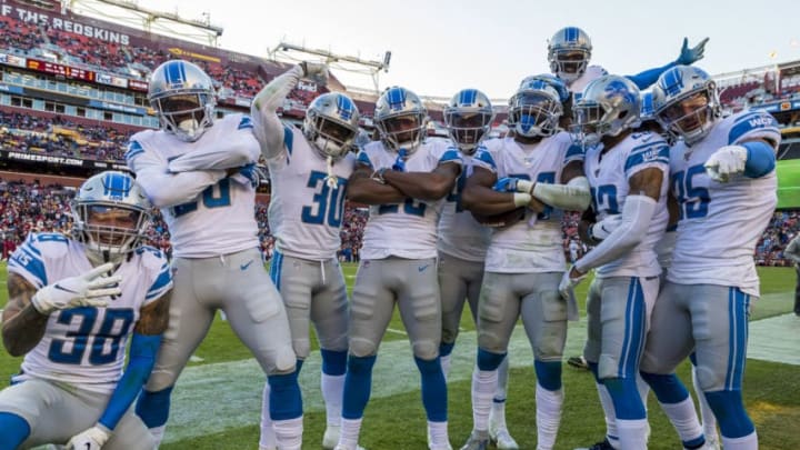 LANDOVER, MD - NOVEMBER 24: Amani Oruwariye #24 of the Detroit Lions celebrates with teammates after intercepting a pass against the Washington Redskins during the second half at FedExField on November 24, 2019 in Landover, Maryland. (Photo by Scott Taetsch/Getty Images)