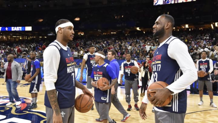 NEW ORLEANS, LA - FEBRUARY 18: Carmelo Anthony #7 and LeBron James #23 of the Eastern Conference talk during the 2017 NBA All-Star Practice as a part of 2017 All-Star Weekend at the Mercedes-Benz Superdome on February 18, 2017 in New Orleans, Louisiana. NOTE TO USER: User expressly acknowledges and agrees that, by downloading and/or using this photograph, user is consenting to the terms and conditions of the Getty Images License Agreement. Mandatory Copyright Notice: Copyright 2017 NBAE (Photo by Bill Baptist/NBAE via Getty Images)