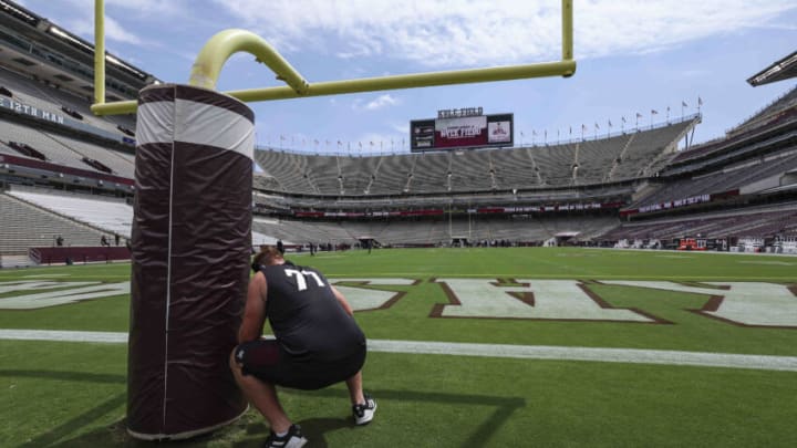 Sep 16, 2023; College Station, Texas, USA; Texas A&M Aggies offensive lineman Colton Thomasson (77) prepares before the game against the Louisiana Monroe Warhawks at Kyle Field. Mandatory Credit: Troy Taormina-USA TODAY Sports