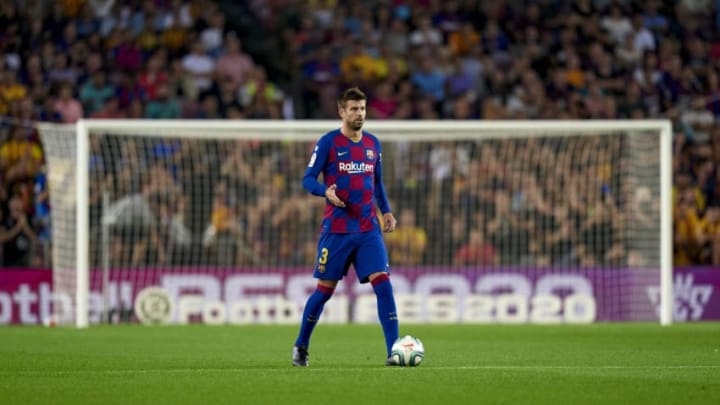 BARCELONA, SPAIN - SEPTEMBER 24: Gerard Pique of FC Barcelona with the ball during the Liga match between FC Barcelona and Villarreal CF at Camp Nou on September 24, 2019 in Barcelona, Spain. (Photo by Quality Sport Images/Getty Images)