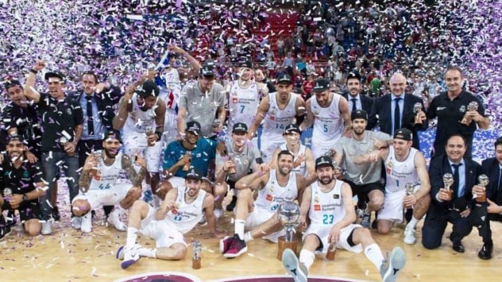 Real Madrid celebrating the championship during Liga Endesa Finals match (4th game) between Kirolbet Baskonia and Real Madrid at Fernando Buesa Arena in Vitoria, Spain. June 19, 2018. (Photo by COOLMEDIA/Peter Sabok/NurPhoto via Getty Images)