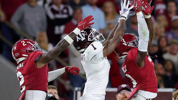 Evan Stewart, Texas A&M Aggies, Terrion Arnold, DeMarcco Hellams, Alabama Crimson Tide. (Photo by Kevin C. Cox/Getty Images) Evan Stewart, Texas A&M Aggies, Terrion Arnold, DeMarcco Hellams, Alabama Crimson Tide. (Photo by Kevin C. Cox/Getty Images)