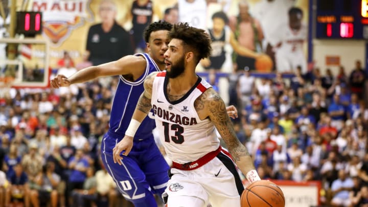 LAHAINA, HI – NOVEMBER 21: Josh Perkins #13 of the Gonzaga Bulldogs drives. (Photo by Darryl Oumi/Getty Images)