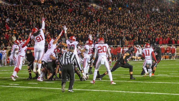 LUBBOCK, TX - NOVEMBER 03: Clayton Hatfield #96 of the Texas Tech Red Raiders makes a field goal from 26 yards during the second half of the game against the Oklahoma Sooners on November 3, 2018 at Jones AT&T Stadium in Lubbock, Texas. Oklahoma defeated Texas Tech 51- 46. (Photo by John Weast/Getty Images)