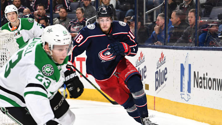 COLUMBUS, OH - JANUARY 18: Pierre-Luc Dubois #18 of the Columbus Blue Jackets skates against the Dallas Stars on January 18, 2018 at Nationwide Arena in Columbus, Ohio. (Photo by Jamie Sabau/NHLI via Getty Images)