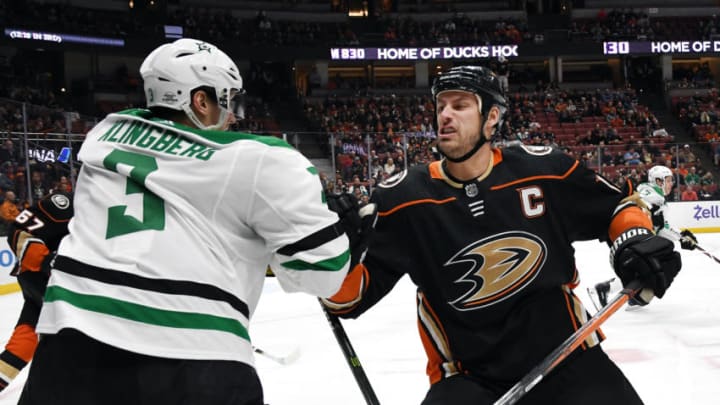 ANAHEIM, CA - FEBRUARY 21: Anaheim Ducks captain Ryan Getzlaf (15) skates in towards Dallas Stars defenseman John Klingberg (3) in the first period of a game played on February 21, 2018 at the Honda Center in Anaheim, CA. (Photo by John Cordes/Icon Sportswire via Getty Images)