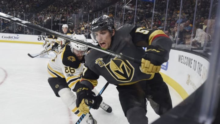 LAS VEGAS, NV - OCTOBER 15: Kevan Miller #86 of the Boston Bruins defends David Perron #57 of the Vegas Golden Knights during the game at T-Mobile Arena on October 15, 2017 in Las Vegas, Nevada. (Photo by Todd Lussier/NHLI via Getty Images)