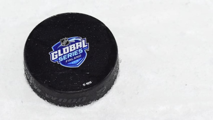 HELSINKI, FINLAND - OCTOBER 30: A practice puck sits on the ice during the Winnipeg Jets practice for the 2018 NHL Global Series against the Florida Panthers at Hartwall Areena on October 30, 2018 in Helsinki, Finland. (Photo by Patrick McDermott/NHLI via Getty Images)