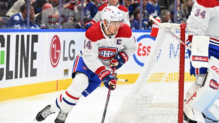 Oct 2, 2023; Toronto, Ontario, CAN; Montreal Canadiens forward Nick Suzuki. Mandatory Credit: Dan Hamilton-USA TODAY Sports