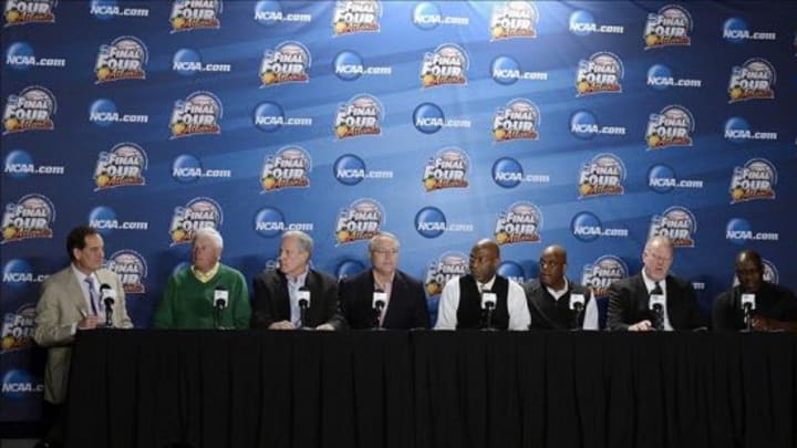 Apr 5, 2013; Atlanta, GA, USA; Members of the 1976 Indiana Hoosiers team from left including Jim Nantz , Bob Knight, Jim Crews , Tom Abernathy , Bobby Wilkerson , Scott May , Kent Benson and Quinn Buckner attend the 75 years of March madness press conference in preparation for the Final Four of the 2013 NCAA basketball tournament at the Georgia Dome. Mandatory Credit: Richard Mackson-USA TODAY Sports