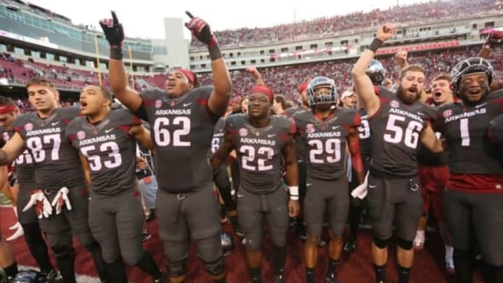 Nov 5, 2016; Fayetteville, AR, USA; Arkansas Razorbacks running back Rawleigh Williams III (22) celebrates with teammates following the game against the Florida Gators at Donald W. Reynolds Razorback Stadium. Arkansas defeated Florida 31-10. Mandatory Credit: Nelson Chenault-USA TODAY Sports