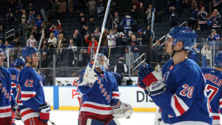 NEW YORK, NY – FEBRUARY 10: Alexandar Georgiev #40 of the New York Rangers salutes the crowd after a 55 save performance and a 4-1 against the Toronto Maple Leafs at Madison Square Garden on February 10, 2019 in New York City. (Photo by Jared Silber/NHLI via Getty Images)