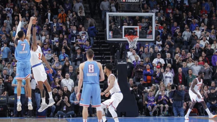 SACRAMENTO, CA - MARCH 4: Skal Labissiere #7 of the Sacramento Kings makes the game winning three pointer against Kyle O'Quinn #9 of the New York Knicks on March 4, 2018 at Golden 1 Center in Sacramento, California. NOTE TO USER: User expressly acknowledges and agrees that, by downloading and or using this photograph, User is consenting to the terms and conditions of the Getty Images Agreement. Mandatory Copyright Notice: Copyright 2018 NBAE (Photo by Rocky Widner/NBAE via Getty Images)