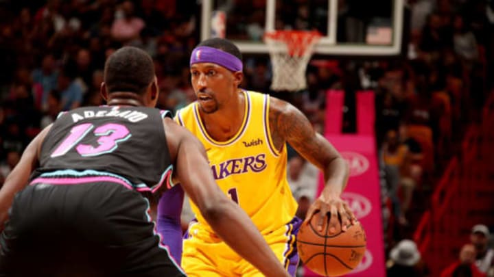 MIAMI, FL – NOVEMBER 18: Kentavious Caldwell-Pope #1 of the Los Angeles Lakers handles the ball against the Miami Heat on November 18, 2018 at American Airlines Arena in Miami, Florida. NOTE TO USER: User expressly acknowledges and agrees that, by downloading and or using this photograph, user is consenting to the terms and conditions of Getty Images License Agreement. Mandatory Copyright Notice: Copyright 2018 NBAE (Photo by Issac Baldizon/NBAE via Getty Images)