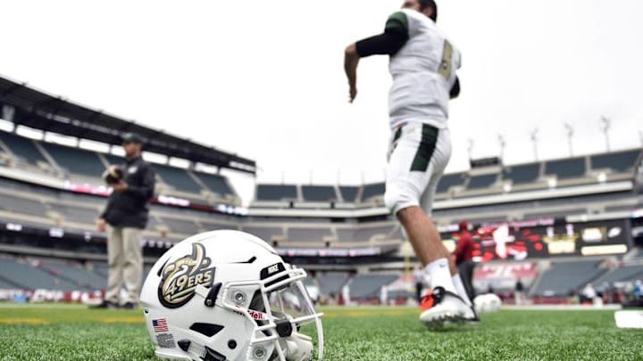 Sep 24, 2016; Philadelphia, PA, USA; A helmet rests on the field while the Charlotte 49ers warm up prior to a game against the Temple Owls at Lincoln Financial Field. Mandatory Credit: Derik Hamilton-USA TODAY Sports