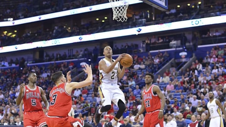 Apr 11, 2016; New Orleans, LA, USA; New Orleans Pelicans guard Tim Frazier (2) goes up for a shot during the second half of the game against the Chicago Bulls at the Smoothie King Center. The Bulls won 121-116. Mandatory Credit: Matt Bush-USA TODAY Sports