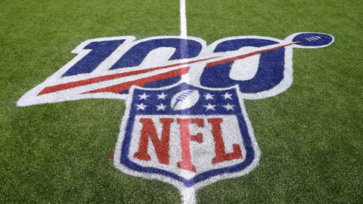 NEW ORLEANS, LOUISIANA - AUGUST 29: An NFL logo celebrating it'2s 100th season is seen during an NFL preseason game at the Mercedes Benz Superdome on August 29, 2019 in New Orleans, Louisiana. (Photo by Jonathan Bachman/Getty Images)