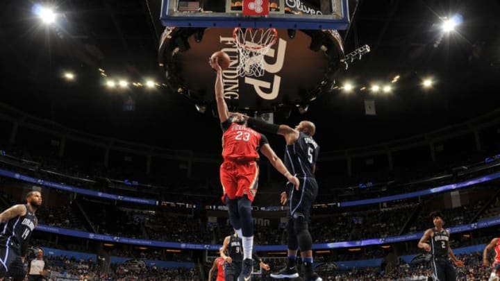 ORLANDO, FL - DECEMBER 22: Anthony Davis #23 of the New Orleans Pelicans goes to the basket against the Orlando Magic on December 22, 2017 at Amway Center in Orlando, Florida Or. NOTE TO USER: User expressly acknowledges and agrees that, by downloading and or using this Photograph, user is consenting to the terms and conditions of the Getty Images License Agreement. Mandatory Copyright Notice: Copyright 2017 NBAE (Photo by Fernando Medina/NBAE via Getty Images)