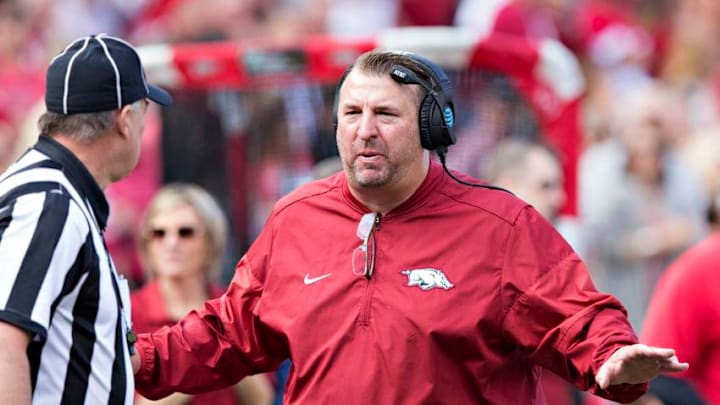 FAYETTEVILLE, AR - NOVEMBER 5: Head Coach Bret Bielema of the Arkansas Razorback talks with a official during a game against the Florida Gators at Razorback Stadium on November 5, 2016 in Fayetteville, Arkansas. The Razorbacks defeated the Gators 31-10. (Photo by Wesley Hitt/Getty Images)