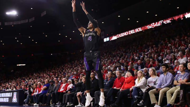 TUCSON, ARIZONA – FEBRUARY 07: Matisse Thybulle #4 of the Washington Huskies puts a three-point shot against the Arizona Wildcats during the second half of the NCAAB game at McKale Center on February 07, 2019 in Tucson, Arizona. The Huskies defeated the Wildcats 67-60. (Photo by Christian Petersen/Getty Images)