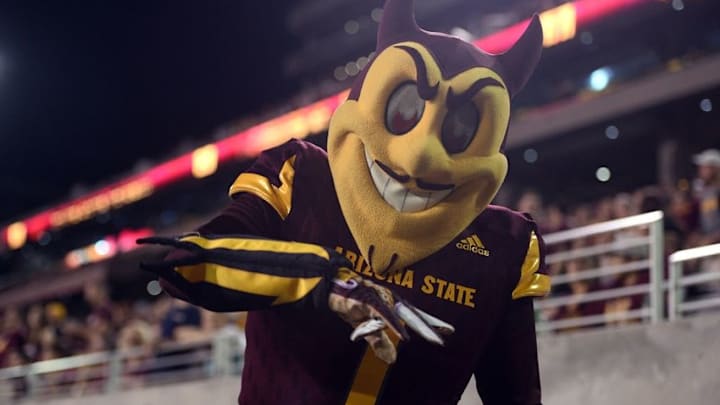 Sep 24, 2016; Tempe, AZ, USA; Arizona State Sun Devils mascot Sparky cheers against the California Golden Bears during the second half at Sun Devil Stadium. The Sun Devils won 51-41. Mandatory Credit: Joe Camporeale-USA TODAY Sports
