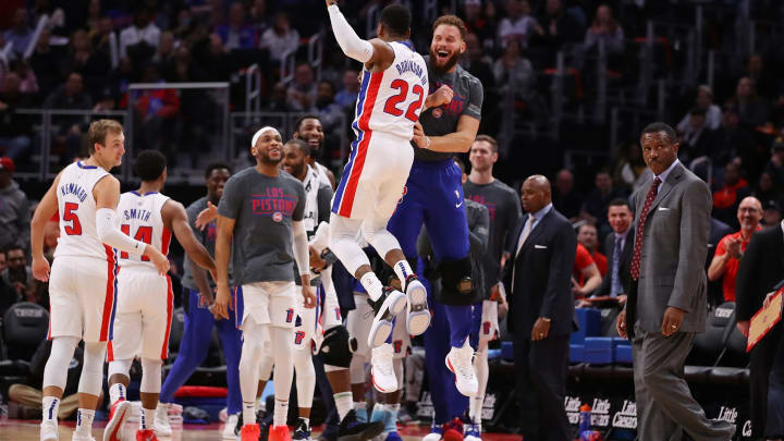 Glenn Robinson III and Blake Griffin celebrating for the Detroit Pistons. (Photo by Gregory Shamus/Getty Images)