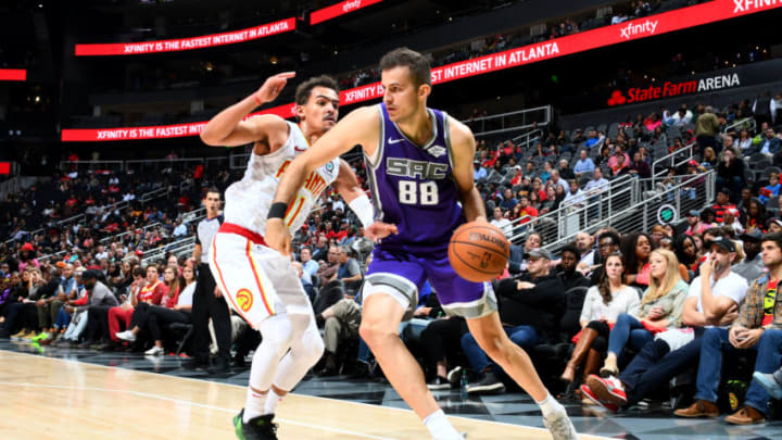 ATLANTA, GA - November 1: Nemanja Bjelica #88 of the Sacramento Kings handles the ball against the Atlanta Hawks on November 1, 2018 at State Farm Arena in Atlanta, Georgia. NOTE TO USER: User expressly acknowledges and agrees that, by downloading and/or using this Photograph, user is consenting to the terms and conditions of the Getty Images License Agreement. Mandatory Copyright Notice: Copyright 2018 NBAE (Photo by Scott Cunningham/NBAE via Getty Images)