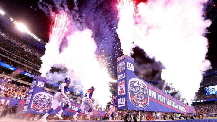 Sep 24, 2015; East Rutherford, NJ, USA; The New York Giants are introduced before a game against the Washington Redskins during the first quarter at MetLife Stadium. Mandatory Credit: Brad Penner-USA TODAY Sports