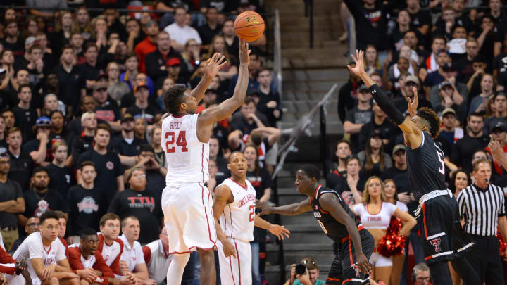 Buddy Hield #24 of the Oklahoma Sooners shoots the ball over Justin Gray #5 of the Texas Tech Red Raiders (Photo by John Weast/Getty Images)