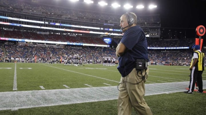 Aug 18, 2016; Foxborough, MA, USA; New England Patriots head coach Bill Belichick on the sideline against the Chicago Bears in the second half at Gillette Stadium. The Patriots defeated the Bears 23-22. Mandatory Credit: David Butler II-USA TODAY Sports