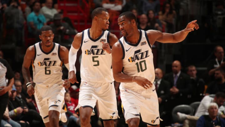 MIAMI, FL - JANUARY 7: The Utah Jazz celebrates during the game against the Miami Heat on January 7, 2018 at American Airlines Arena in Miami, Florida. NOTE TO USER: User expressly acknowledges and agrees that, by downloading and or using this photograph, user is consenting to the terms and conditions of the Getty Images License Agreement. Mandatory Copyright Notice: Copyright 2018 NBAE (Photo by Issac Baldizon/NBAE via Getty Images)