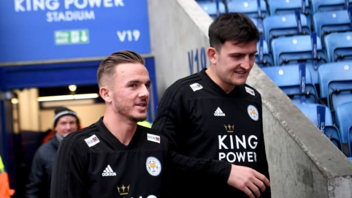 LEICESTER, ENGLAND - OCTOBER 27: James Maddison and Harry Maguire of Leicester City walk out to inspect the pitch prior to the Premier League match between Leicester City and West Ham United at The King Power Stadium on October 27, 2018 in Leicester, United Kingdom. (Photo by Michael Regan/Getty Images)