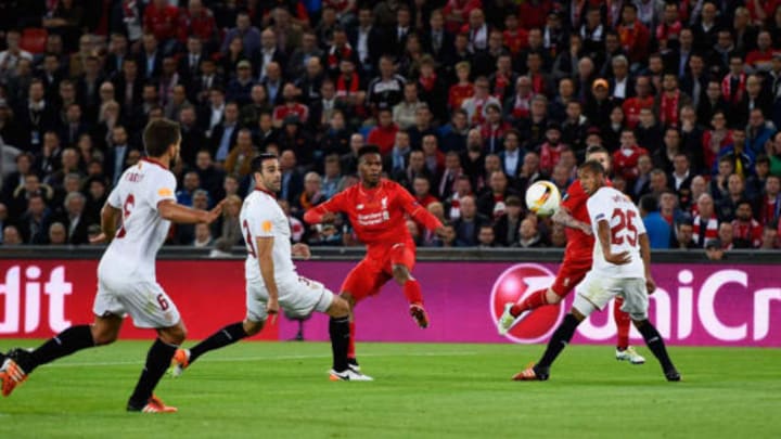 BASEL, SWITZERLAND – MAY 18: Daniel Sturridge of Liverpool scores his team’s first goal during the UEFA Europa League Final match between Liverpool and Sevilla at St. Jakob-Park on May 18, 2016 in Basel, Switzerland. (Photo by David Ramos/Getty Images)