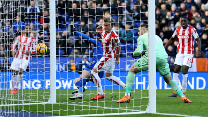 LEICESTER, ENGLAND - FEBRUARY 24: Jack Butland of Stoke City scores an own goal during the Premier League match between Leicester City and Stoke City at The King Power Stadium on February 24, 2018 in Leicester, England. (Photo by Michael Regan/Getty Images)