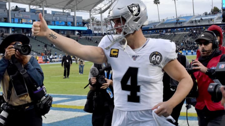 CARSON, CA - DECEMBER 22: Quarterback Derek Carr #4 of the Oakland Raiders gives the thumbs up after defeating the Los Angeles Chargers 24-17 during a NFL football game at the Dignity Health Park on Sunday, December 22, 2019. (Photo by Keith Birmingham/MediaNews Group/Pasadena Star-News via Getty Images)