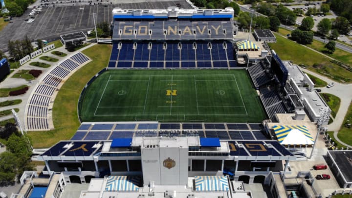 ANNAPOLIS, MD. - MAY 13: An aerial view from a drone shows the U.S. Naval Academy’s Navy–Marine Corps Memorial Stadium, on May 13, 2020 in Annapolis, Maryland. The U.S. Naval Academy has canceled all public events associated with Commissioning Week 2020 due to the COVID-19 pandemic. (Photo by Mark Wilson/Getty Images)