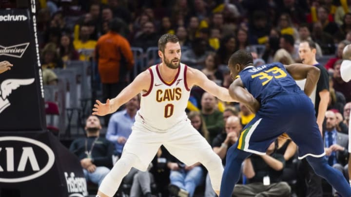 CLEVELAND, OH - DECEMBER 16: Kevin Love #0 of the Cleveland Cavaliers guards Ekpe Udoh #33 of the Utah Jazz during the first half at Quicken Loans Arena on December 16, 2017 in Cleveland, Ohio. NOTE TO USER: User expressly acknowledges and agrees that, by downloading and or using this photograph, User is consenting to the terms and conditions of the Getty Images License Agreement. (Photo by Jason Miller/Getty Images) *** Local Caption *** Kevin Love; Ekpe Udoh